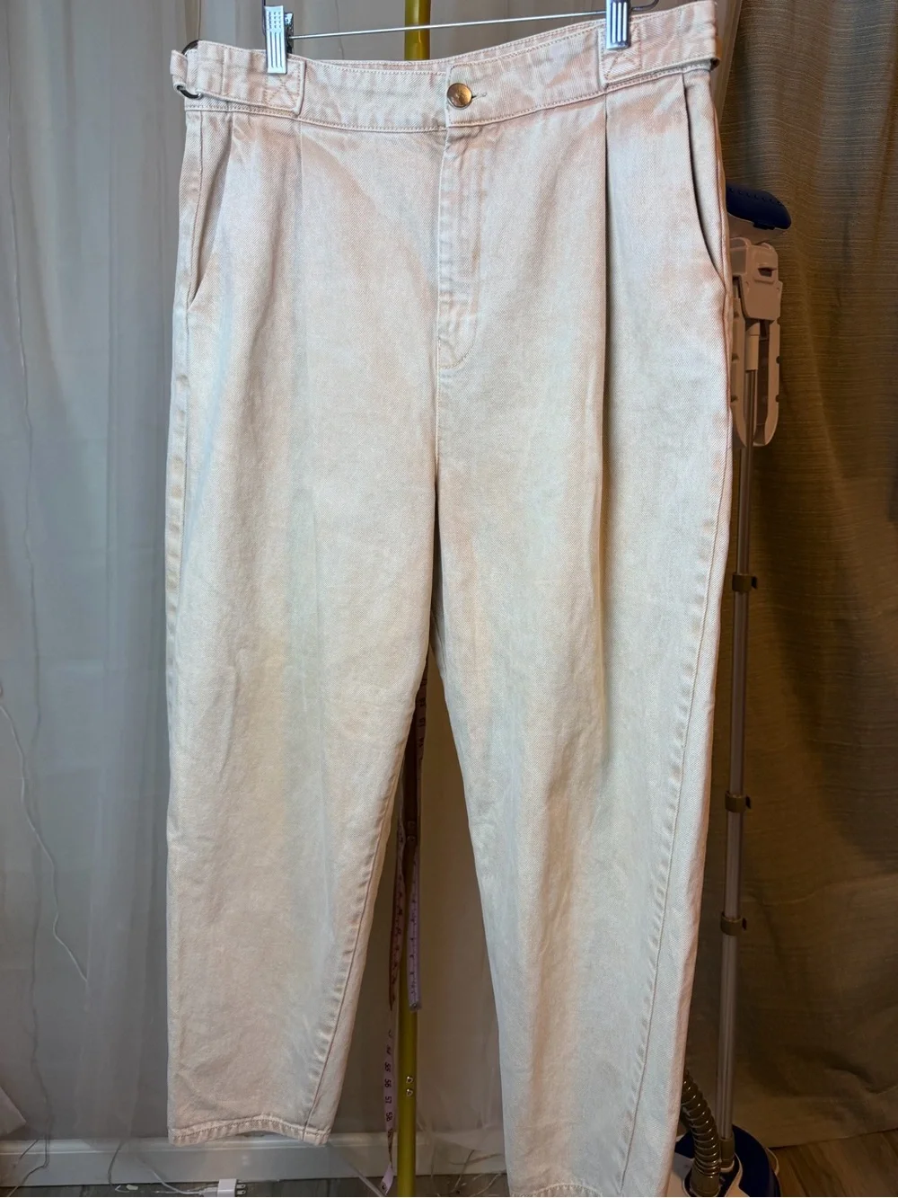 ASOS Trousers Ecru/Stone Wash Pleated Front Built in Side Buckles Size 34W 36L